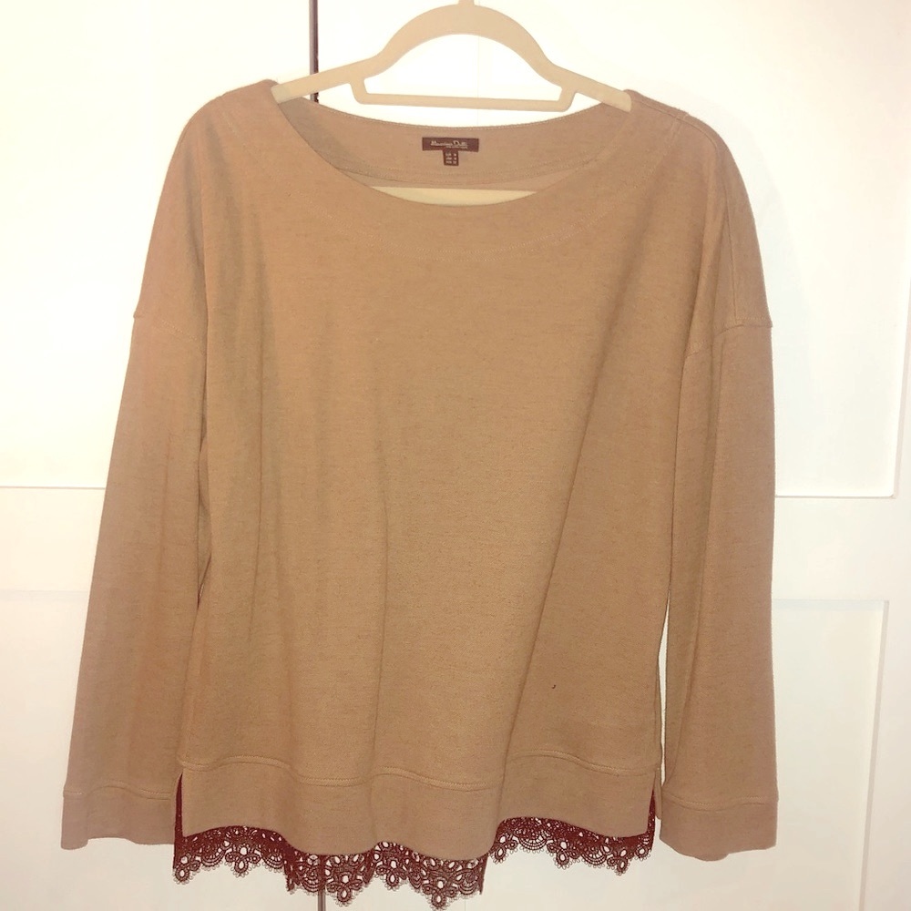 Massimo Dutti Tan Sweatshirt Style Sweater with Black Lace